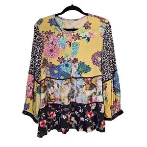John Mark Peasant Floral Mixed Print Bohemian Festival Tired Top Size L